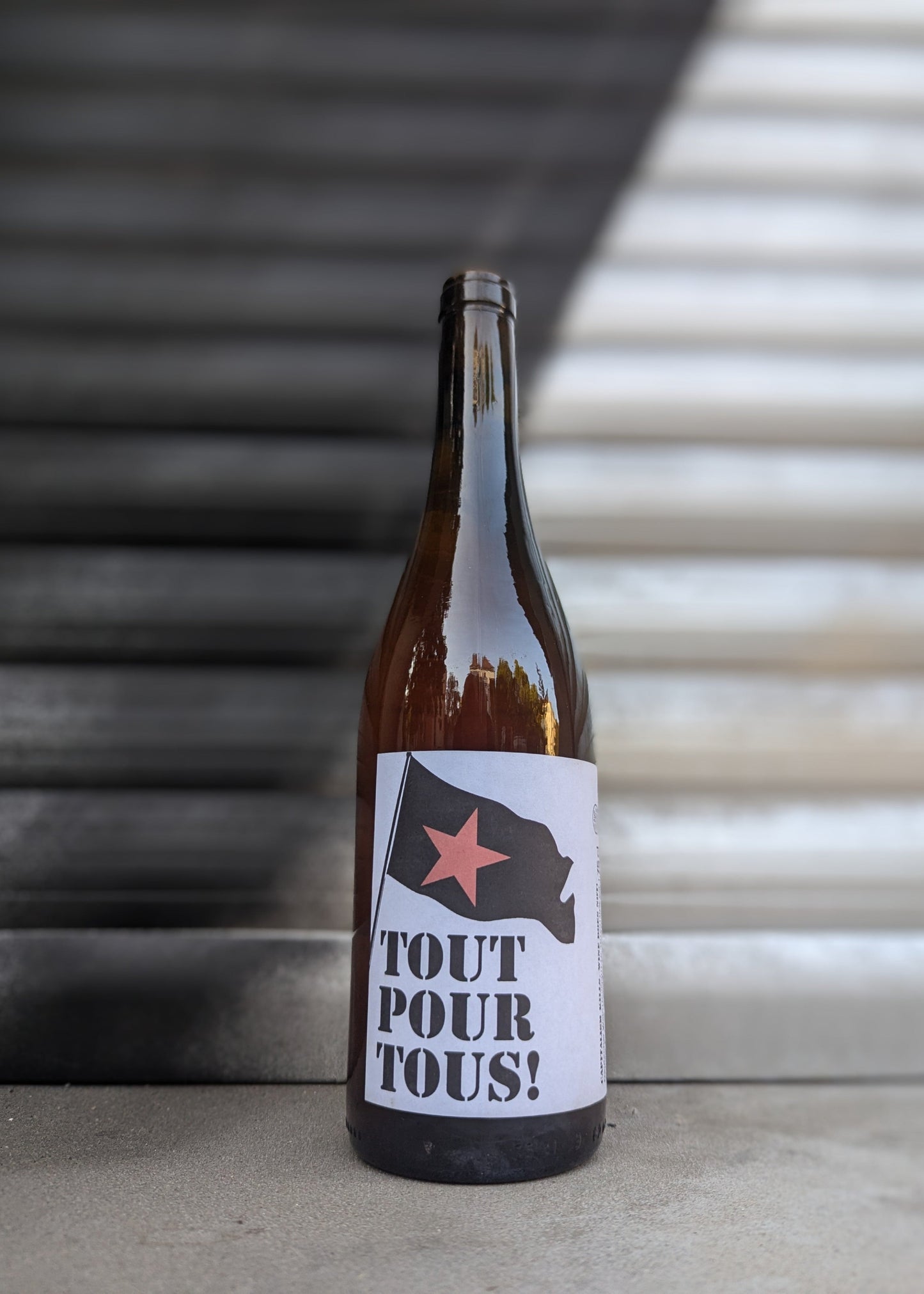 Brown glass wine bottle with a white label featuring a black flag with a red star and the bold black text "TOUT POUR TOUS!" The bottle is set against a metallic, industrial background with a gradient of dark and light shades, creating a striking and rebellious aesthetic.